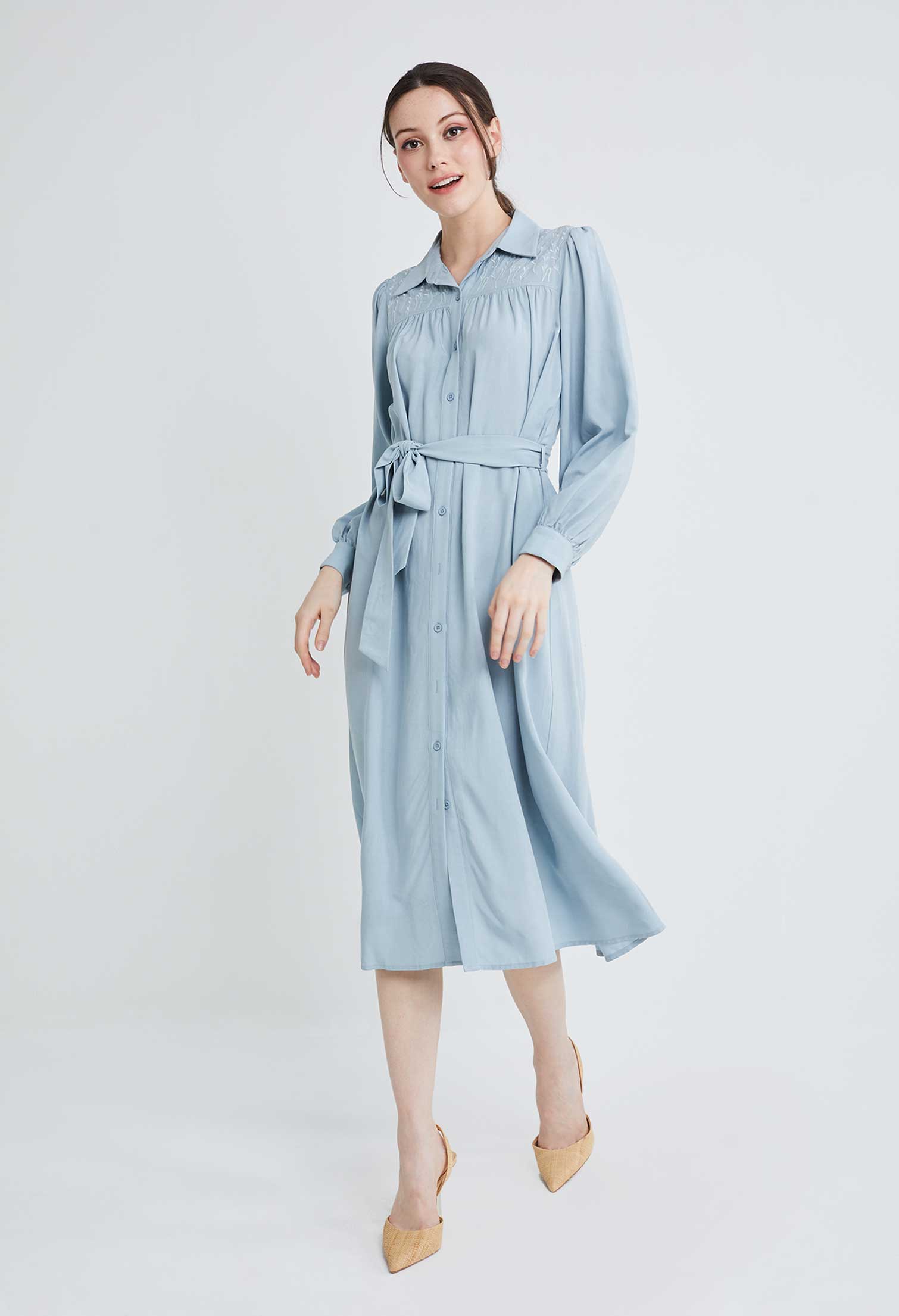 Embroidered Shoulder Button Down Dress