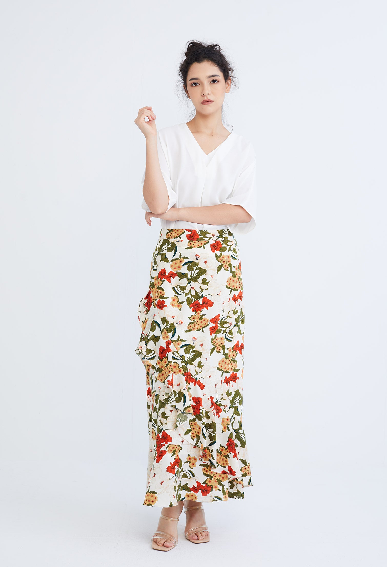 Floral Flutter Asymmetrical Maxi Wrap Skirt