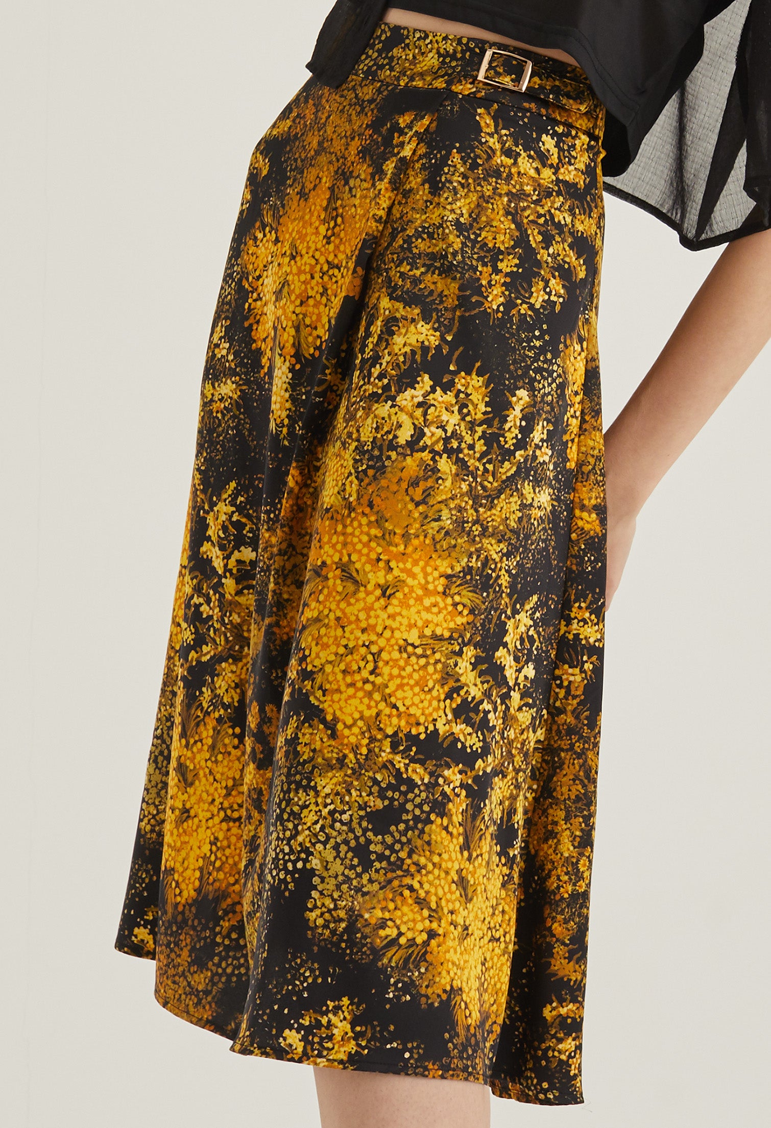 Faux Wrap Floral Burst Midi Skirt