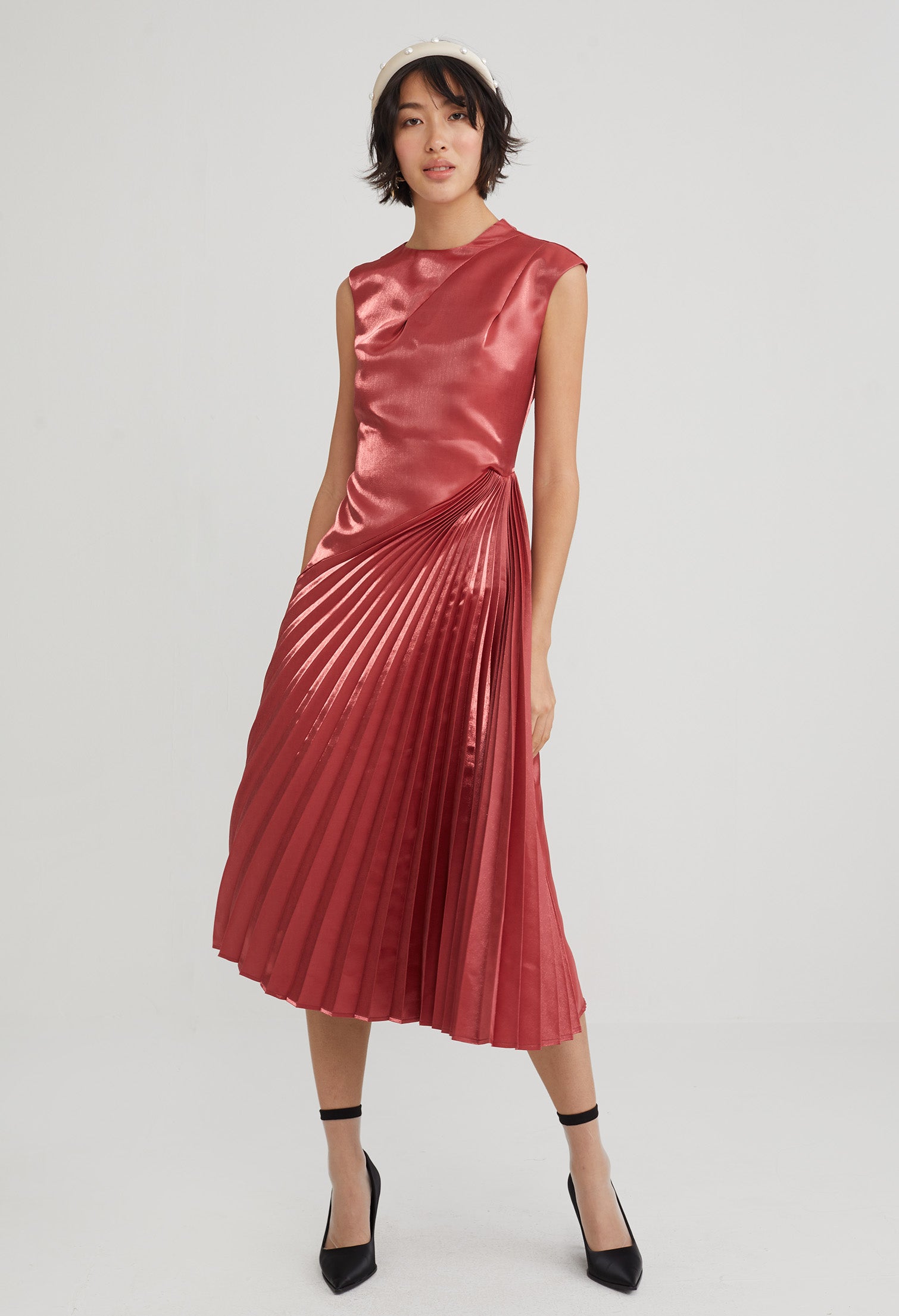 Pleated High Neck Shimmer Dress