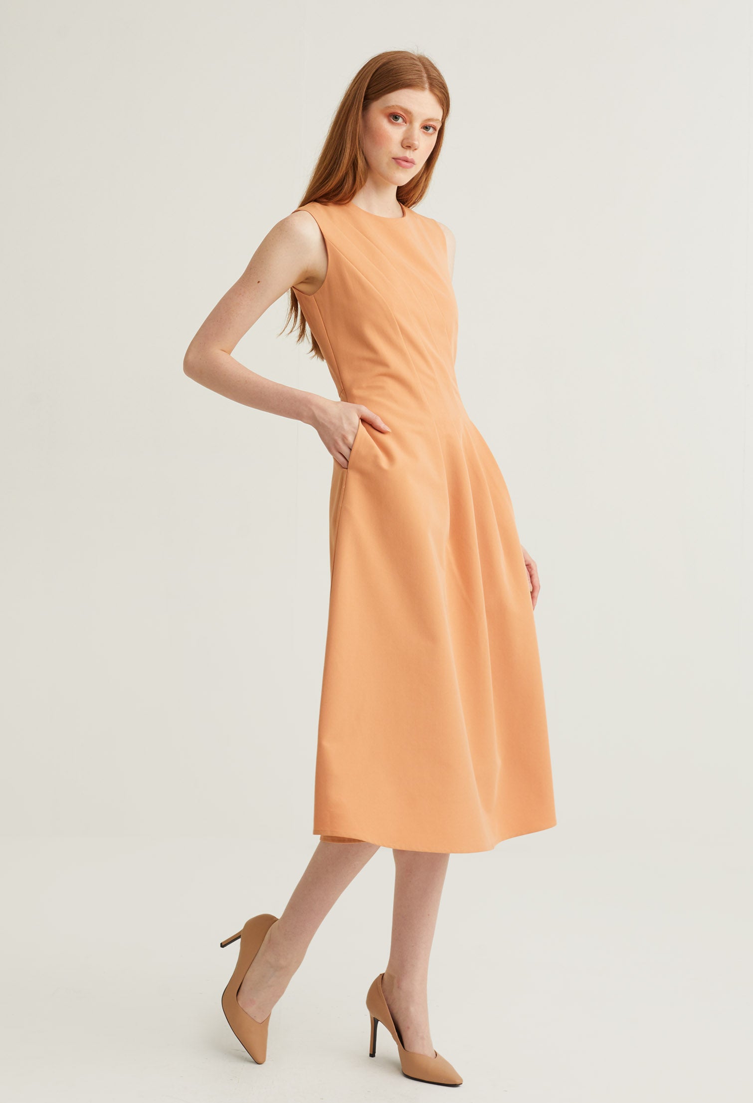 Pleated Cinched Waist Sleeveless Midi Dress