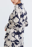 Floral Leaf Indigo Satin Button Up Blouse
