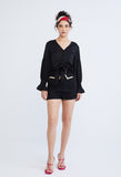 Dainty Elastic Cuff Front Tie Blouse