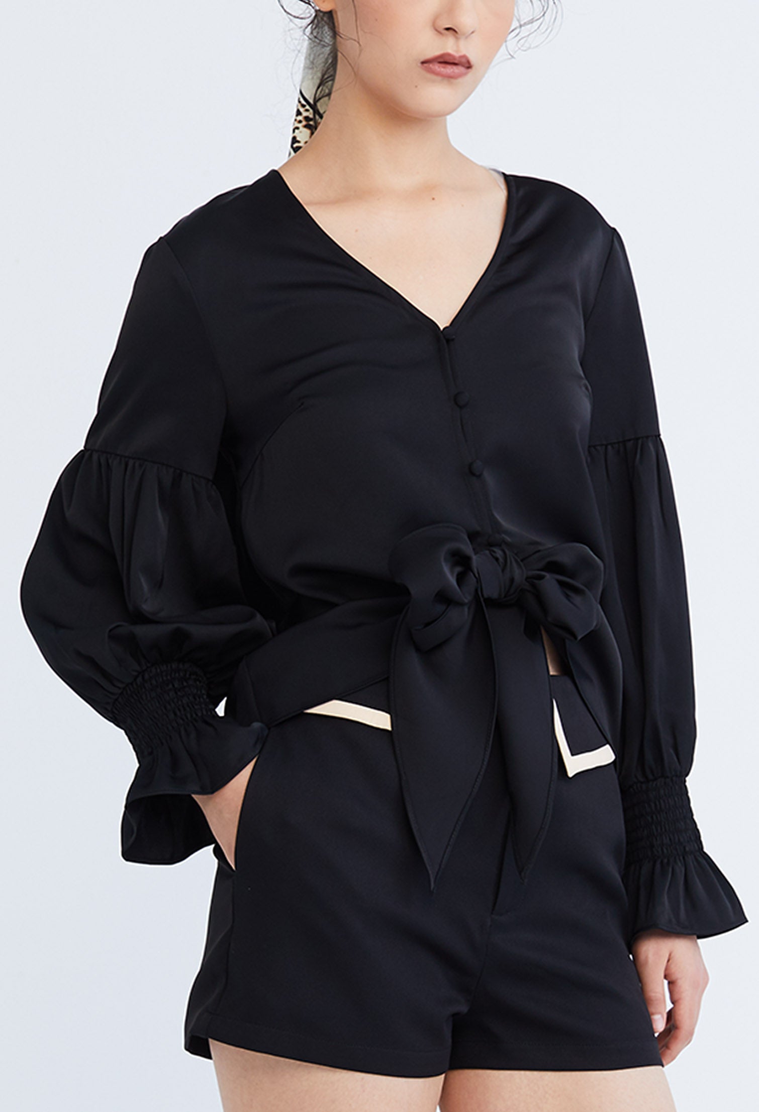 Dainty Elastic Cuff Front Tie Blouse