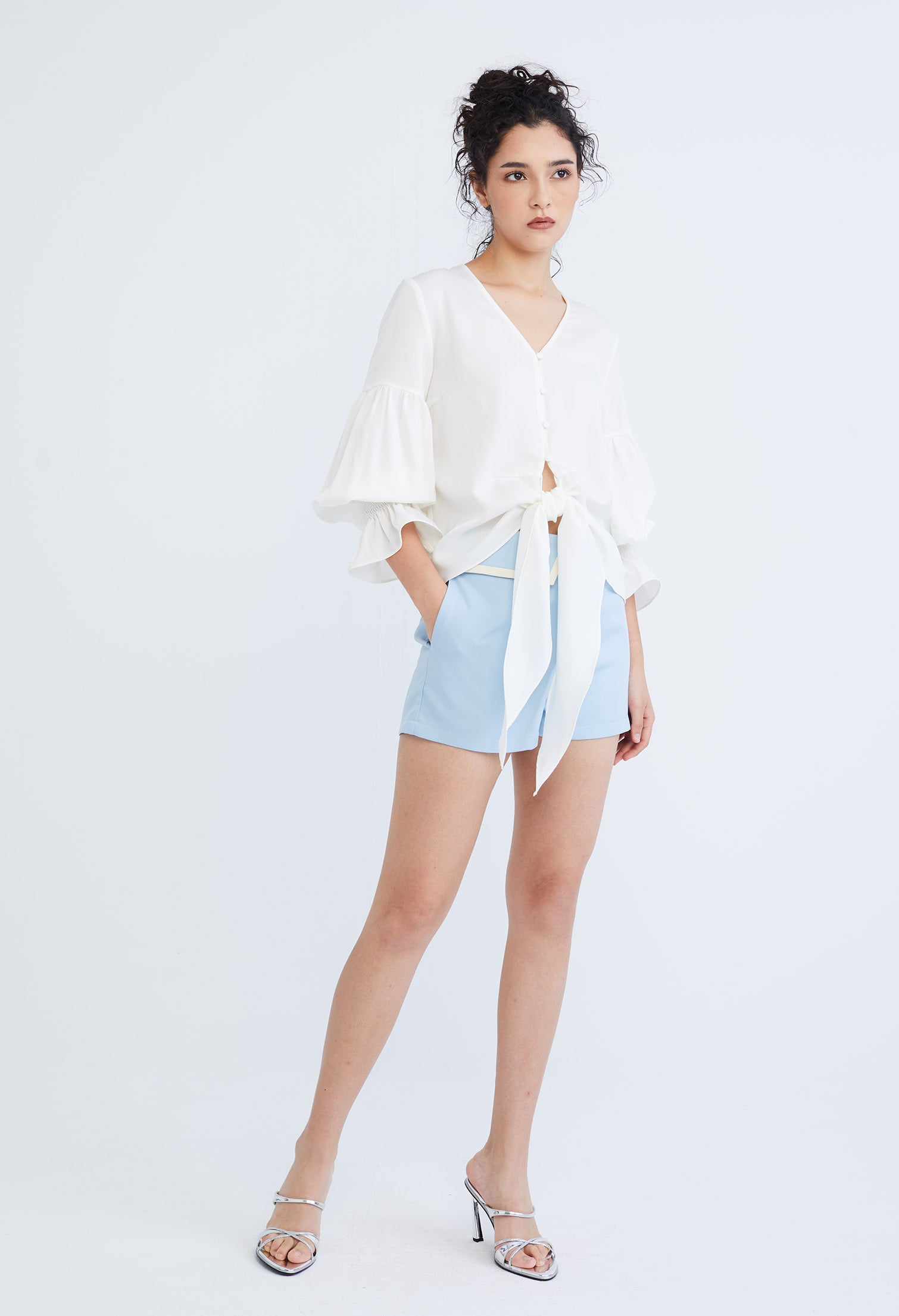 Dainty Elastic Cuff Front Tie Blouse