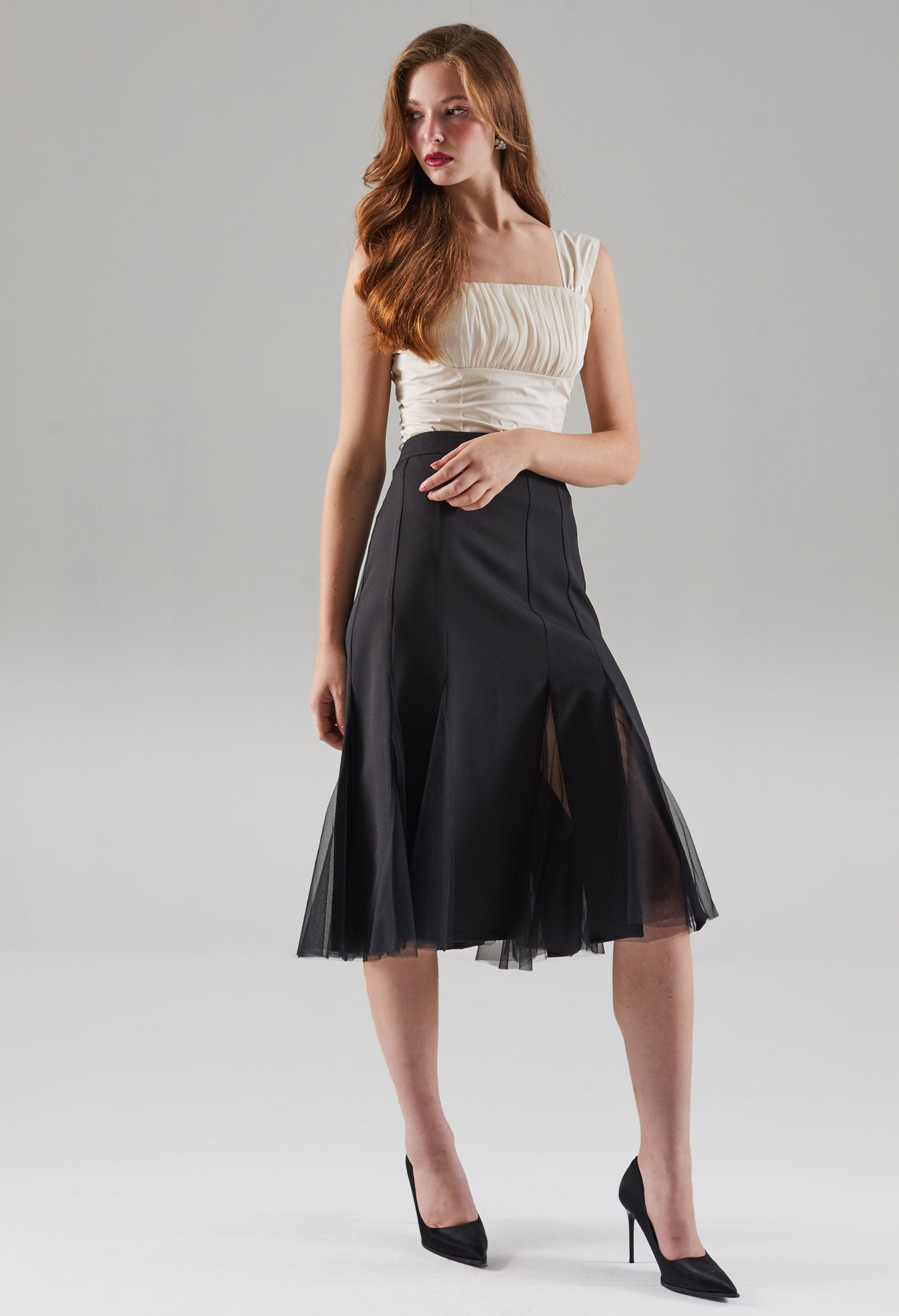 Semi-meshed Peekaboo Hem Midi Skirt