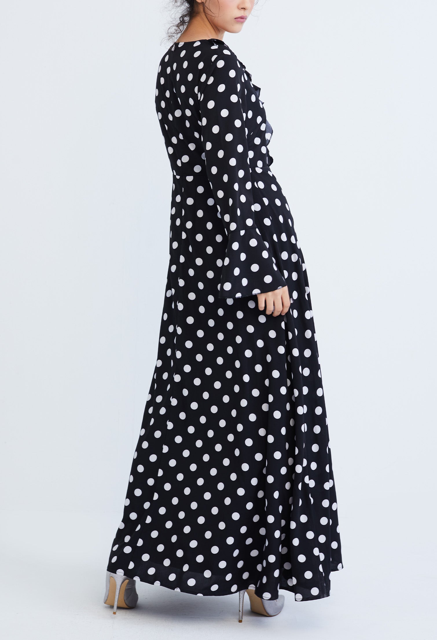 Polka Dot Ruffled V-Neckline Maxi Dress