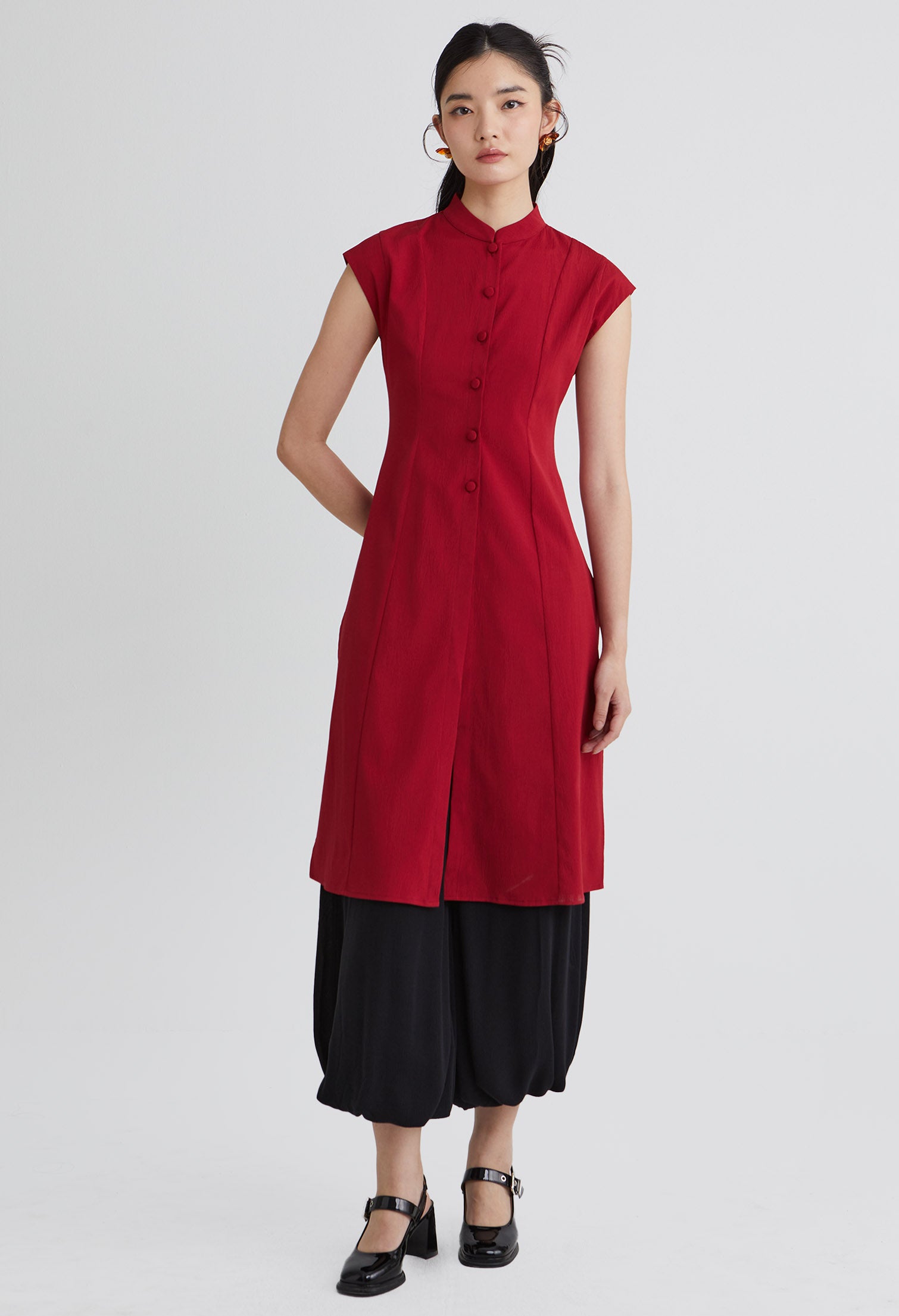 Cap Sleeve Mandarin Collar Midi Dress – nichii (Malaysia)