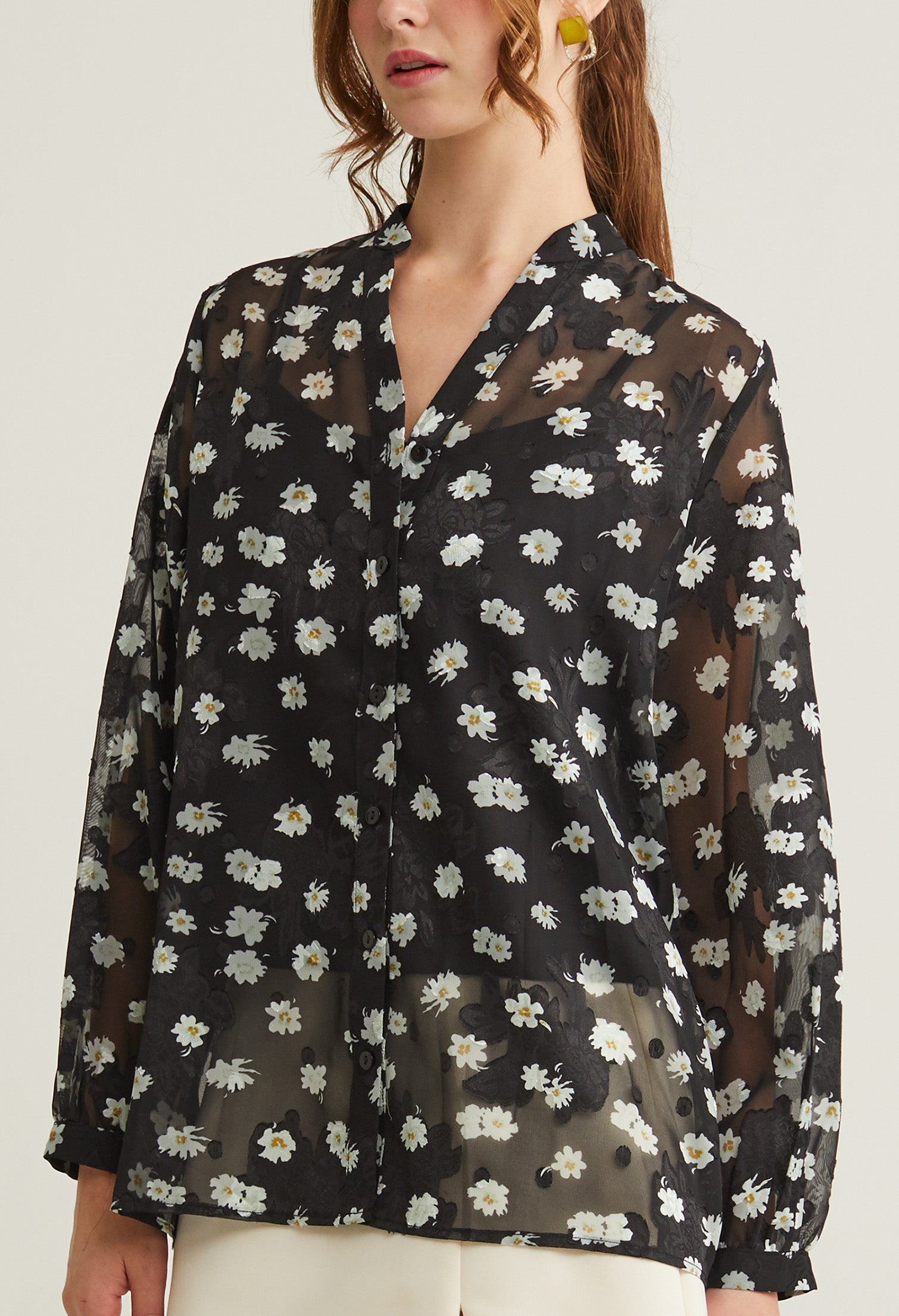 Floral One-Button Cuff Blouse