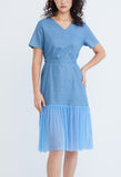 Denim Chiffon Pleated Combo Fabric Belted Dress