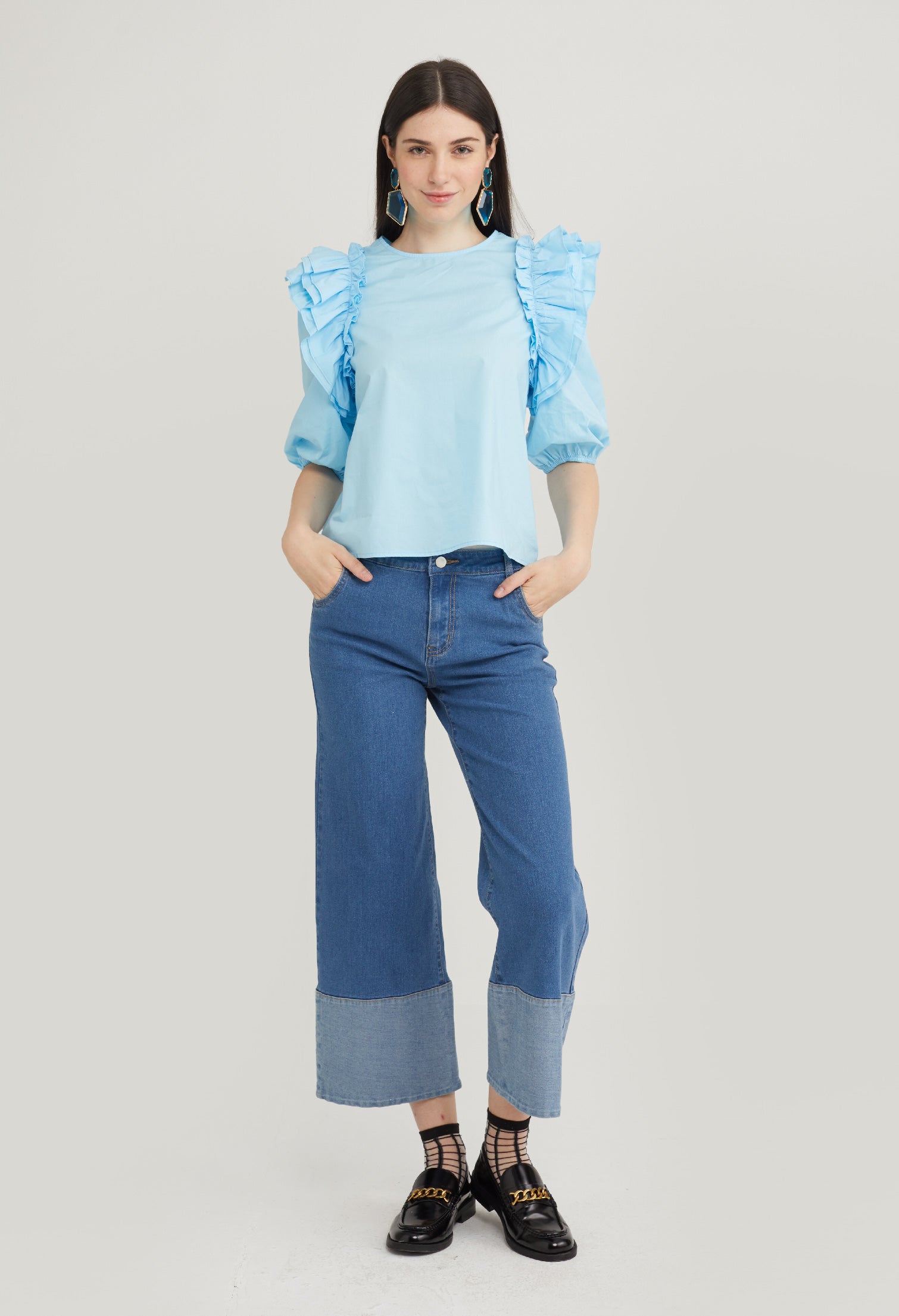 Ruffle Accent 3/4 Sleeve Blouse