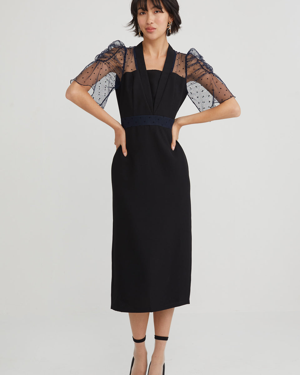 Velvet Sweetheart Neck Sheer Sleeve Midi Dress main image 1