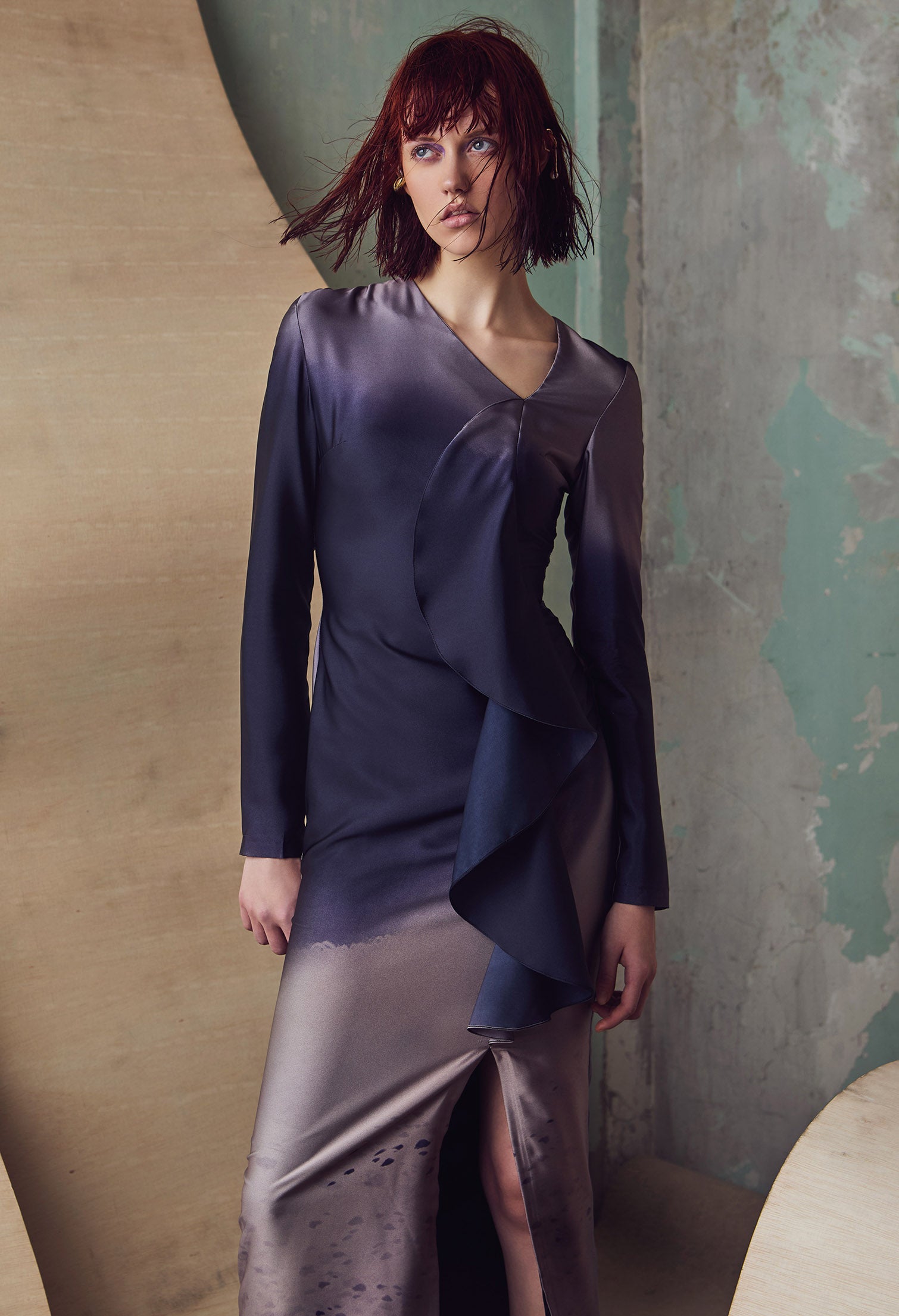 nichii X NURITA HARITH Gradient Indigo Ruffled Maxi Slit Dress