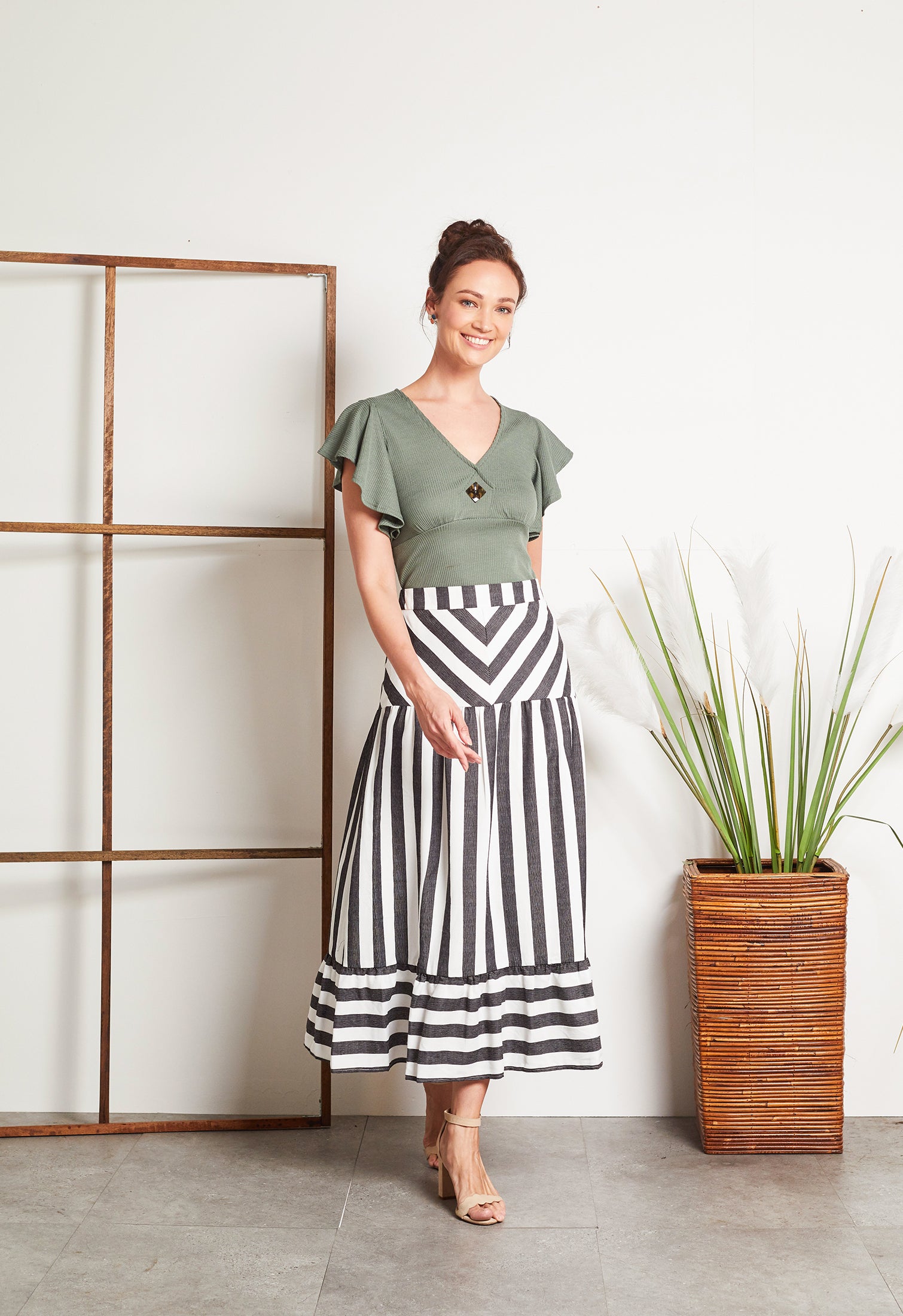 Stripe Tiered Midi Skirt