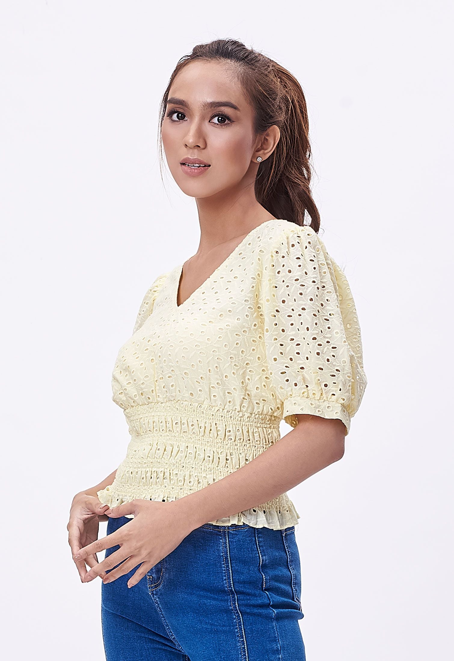 Embroidery Eyelet Ruched Waist Blouse