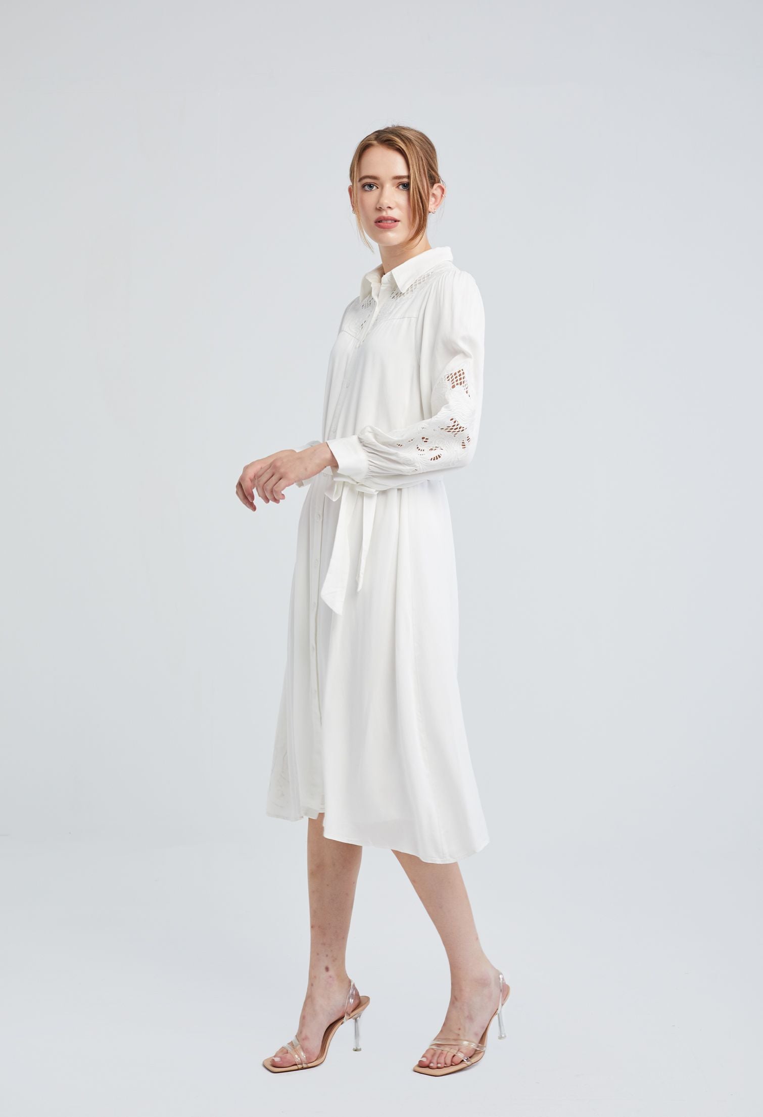 Embroidered Balloon Sleeve Belted Midi Dress