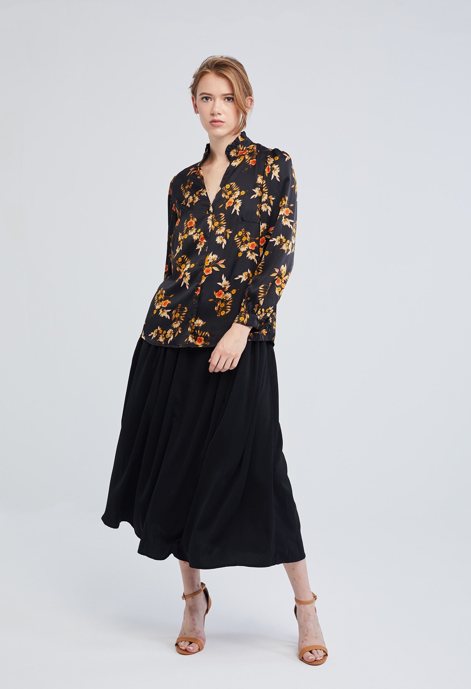 Floral Bunch Frill Collar Satin Blouse