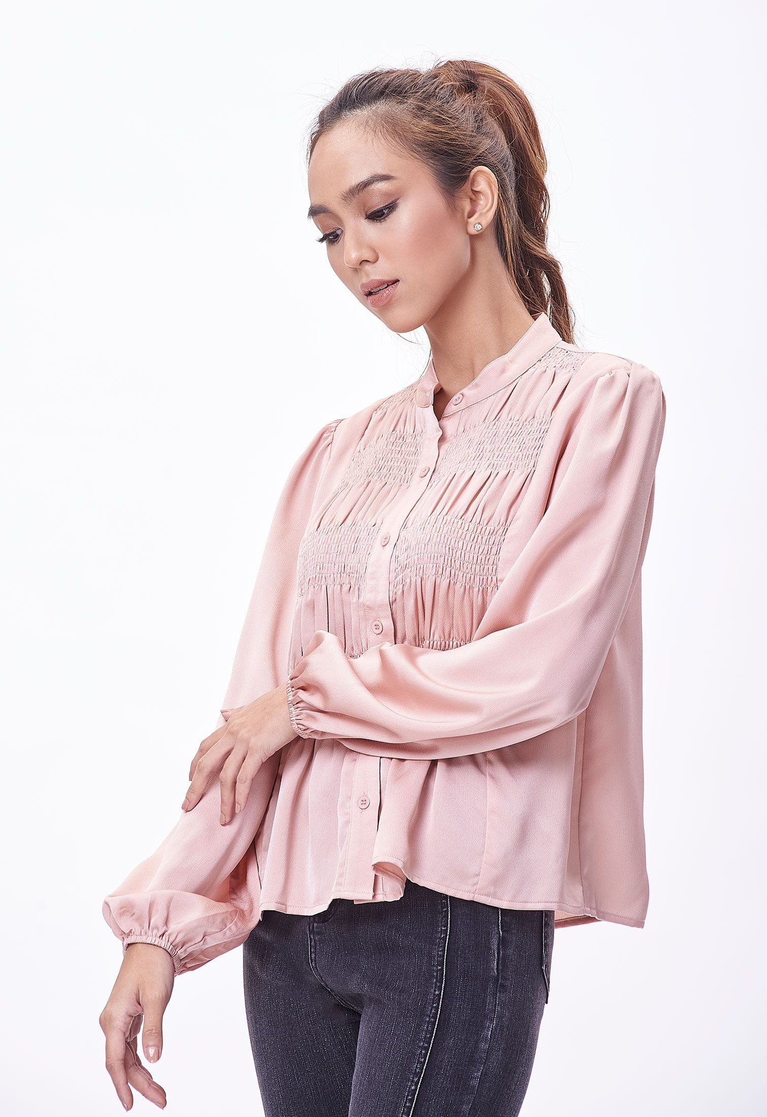 Ruched Patch Button Up Blouse