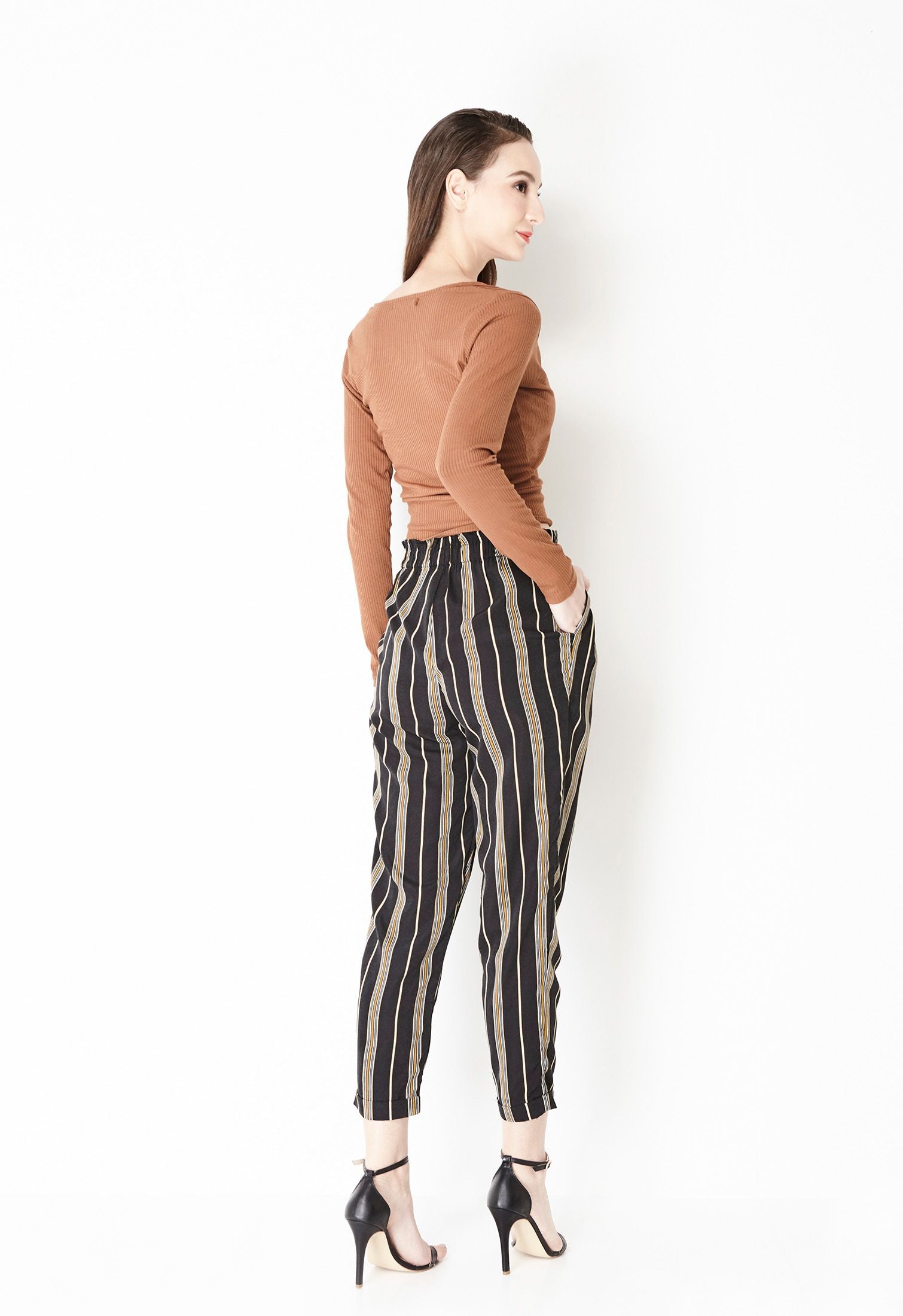 Rolled Elastic Striped Pants