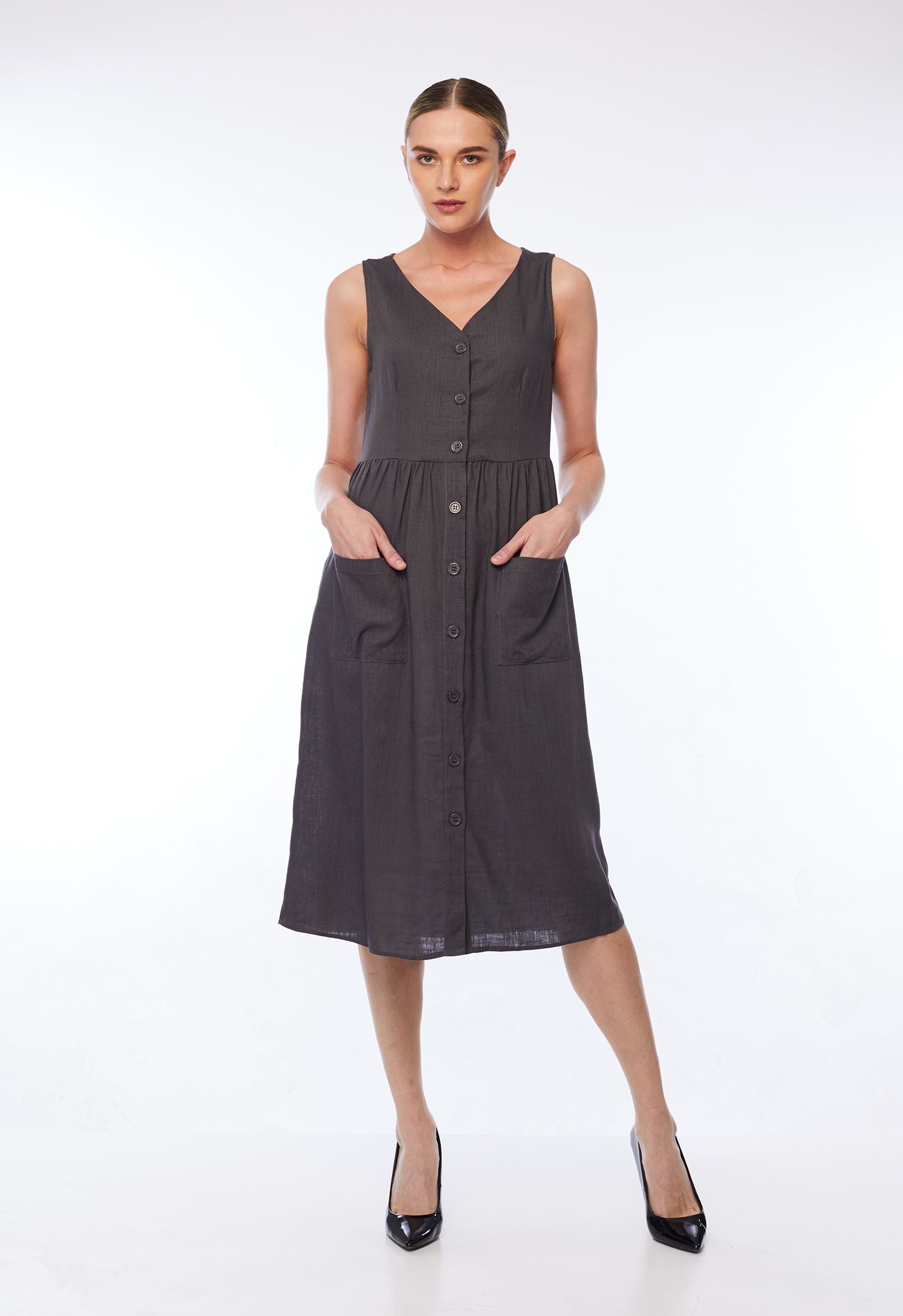 Sleeveless Button Pinafore Midi Dress