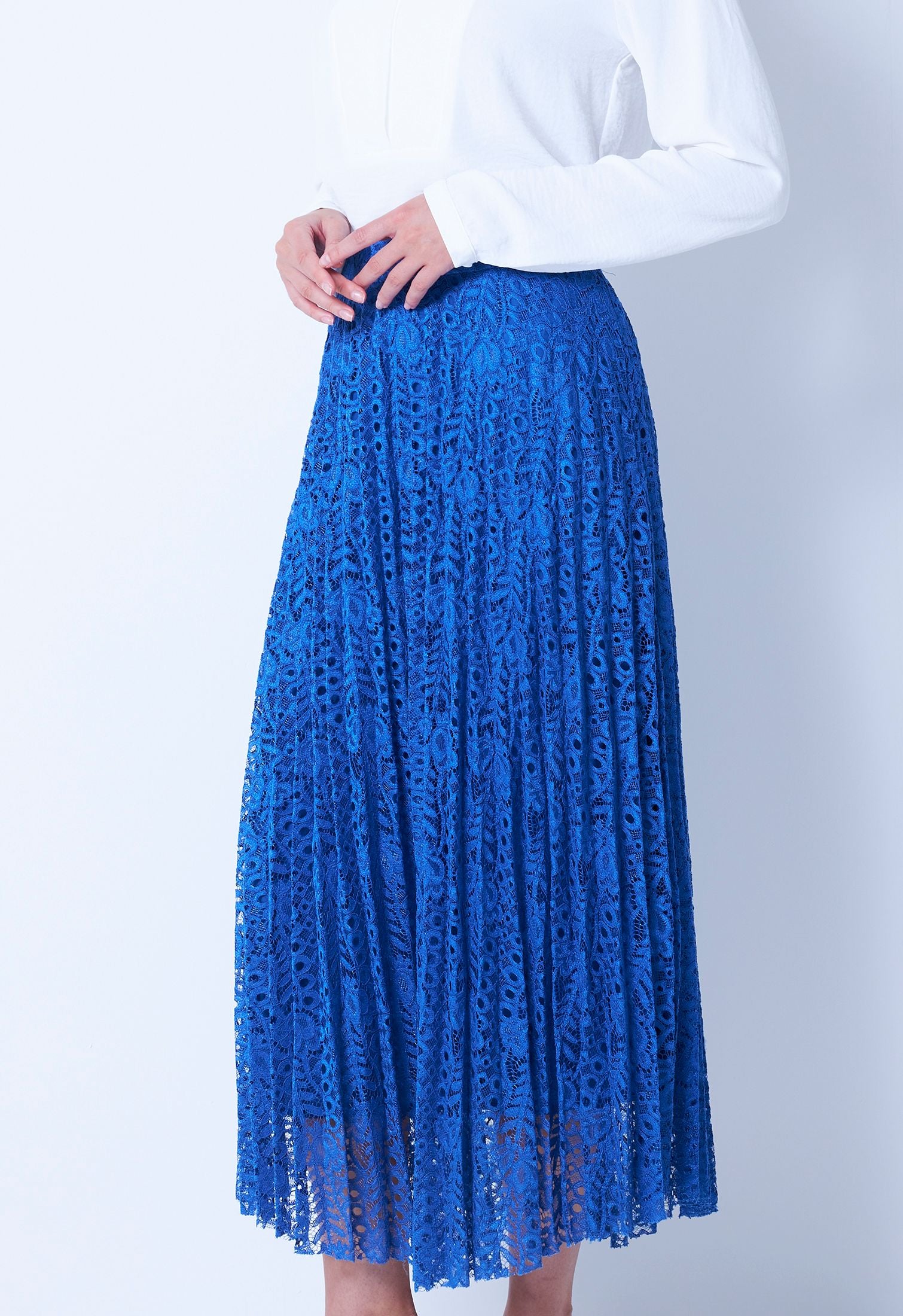 Lace Eyelet Pleated Midi Skirt