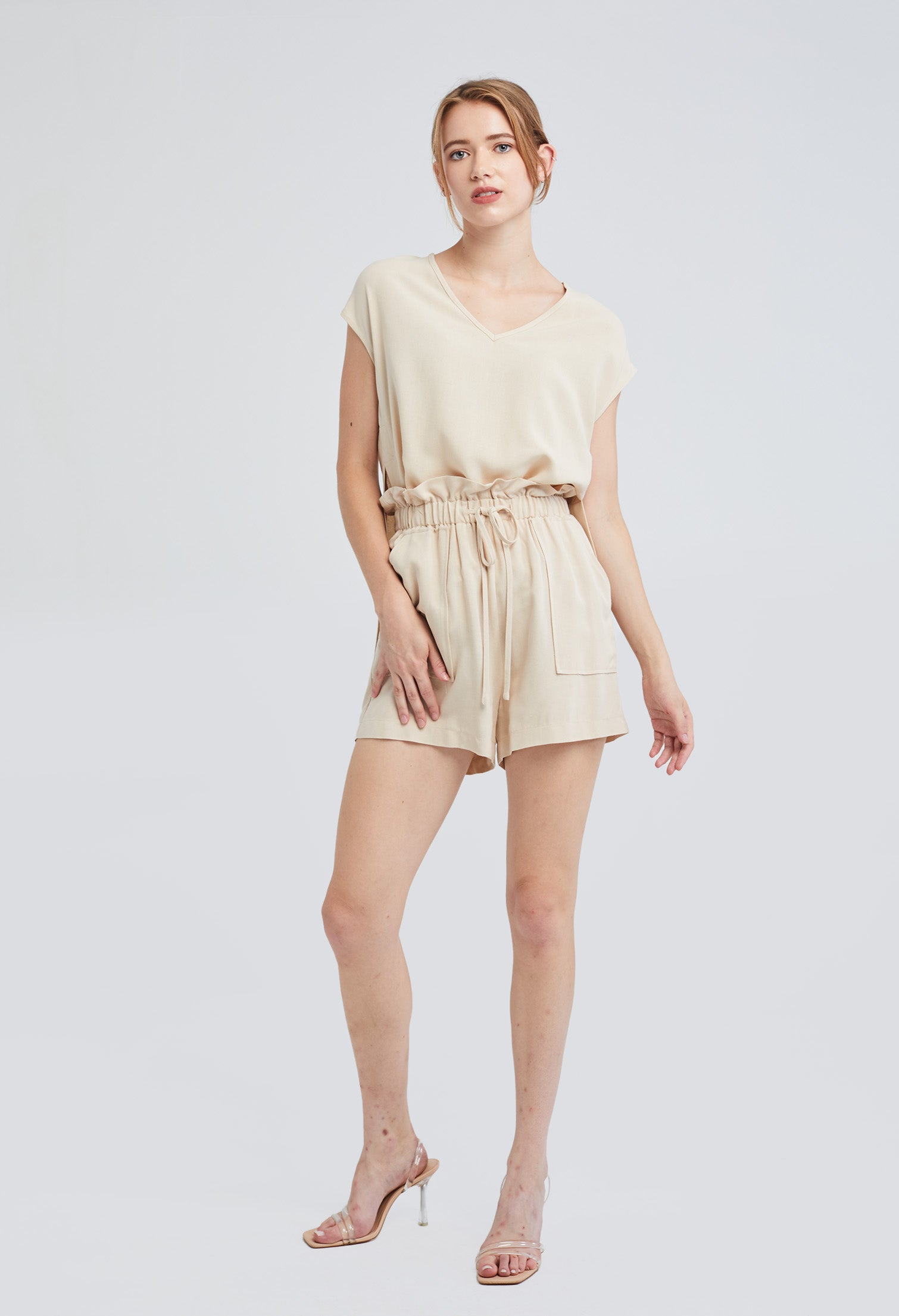 Relaxed Ruched Tie-Waist Elastic Shorts